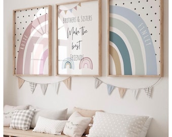 Personalised siblings rainbow prints, sisters, brothers, dotty, boho, children bedroom, playroom, baby nursery, quote