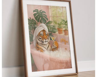 Novelty tiger bath print, funny, cute, bathroom print, bath, shower