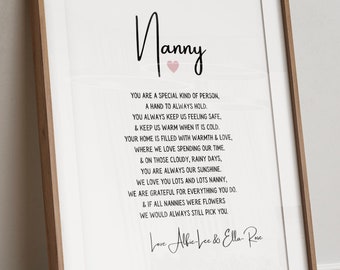 Nanny, Nanna, Grandma, Nan Poem print, personalised with names. Birthday, mother day, personalised gifts, Mother’s Day gift, present