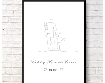 Daddy and children print, Father’s Day, birthday, gift, minimalist, boho, simple, one line. Up to 4 children, present, personalised