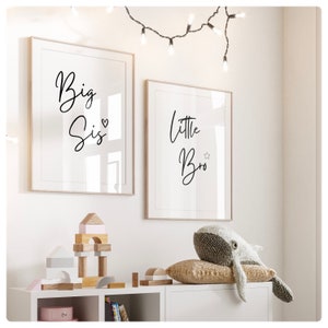 Big Sis, Little sis, Big Bro, Little Bro set of 2 siblings prints,playroom, children’s bedroom, nursery prints, black and white with heart,