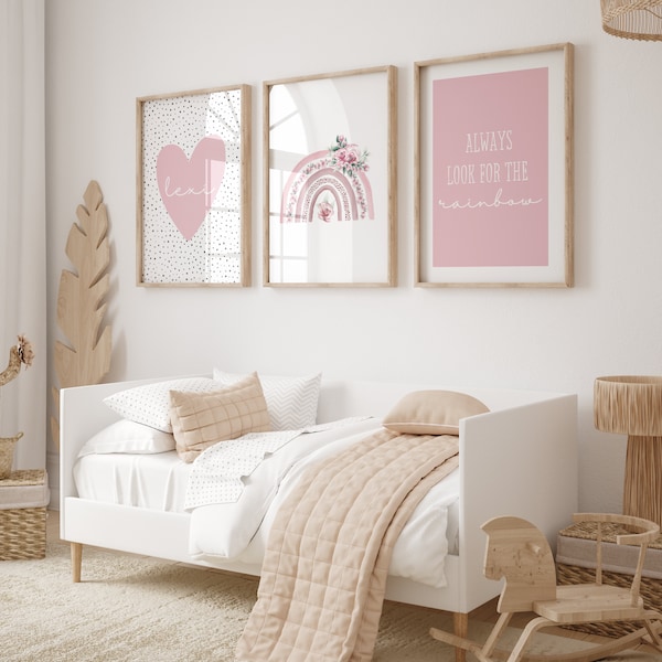 Set of 3 pink  rainbow &  heart prints, perfect girls bedroom, quote,  personalised, always look hit the rainbow, playroom, nursery, girls
