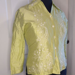 Vintage 100% Silk Blouse Anne Carson sz L Yellow Green Checkered Button Up