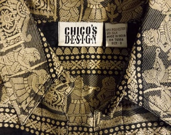 Vintage Chicos Design Button Up Shirt Egyptian Print Black Stripes Sz 0 Used