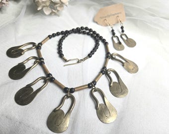Rare Vintage Brass Beaded Necklace Earrings Set Unique Brutalist Jewelry Used