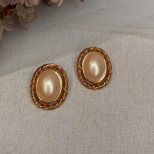 Vintage KJL Clip On Earrings Gold-Tone Oval Faux Pearl Cabochon Kenneth Jay Lane