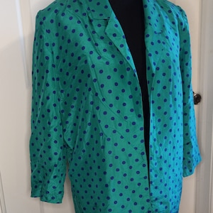 Vintage 100% Silk Shirt Jessica Ltd. Teal Blue Polka Dot sz 16 Blazer Blouse 90s