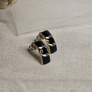 Vintage Earrings Black Enamel Studs Gold-Tone Metal Pierced Pre Owned Gift