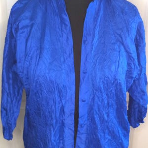 Vintage 100% Silk Blouse Blue Thai Silk Long Sleeve Button Up Large