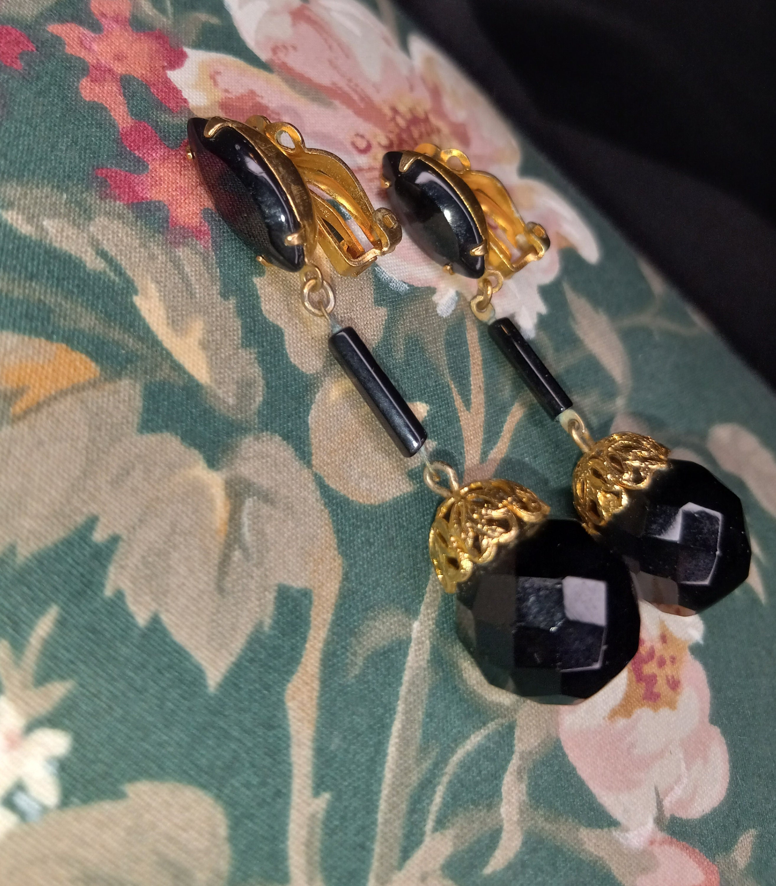 Vintage Lewis Segal Clip on Earrings Gold tone Dangle Black Beads Used Designer Etsy
