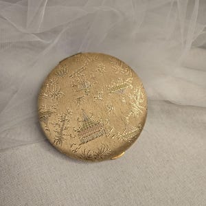 Vintage Compact Lin Bren Used Powder Mirror Compact Beige Oriental Fabric Cover