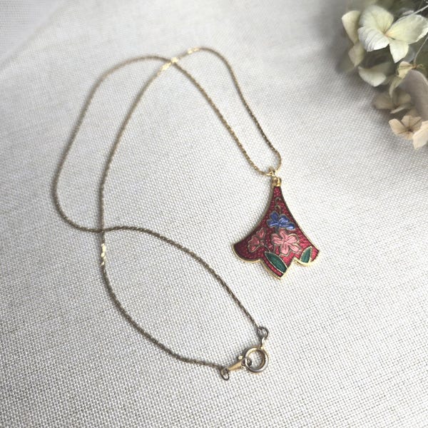 Vintage Choker Chain Necklace Red Enamel Charm Pink & Blue Flowers Gold-Tone