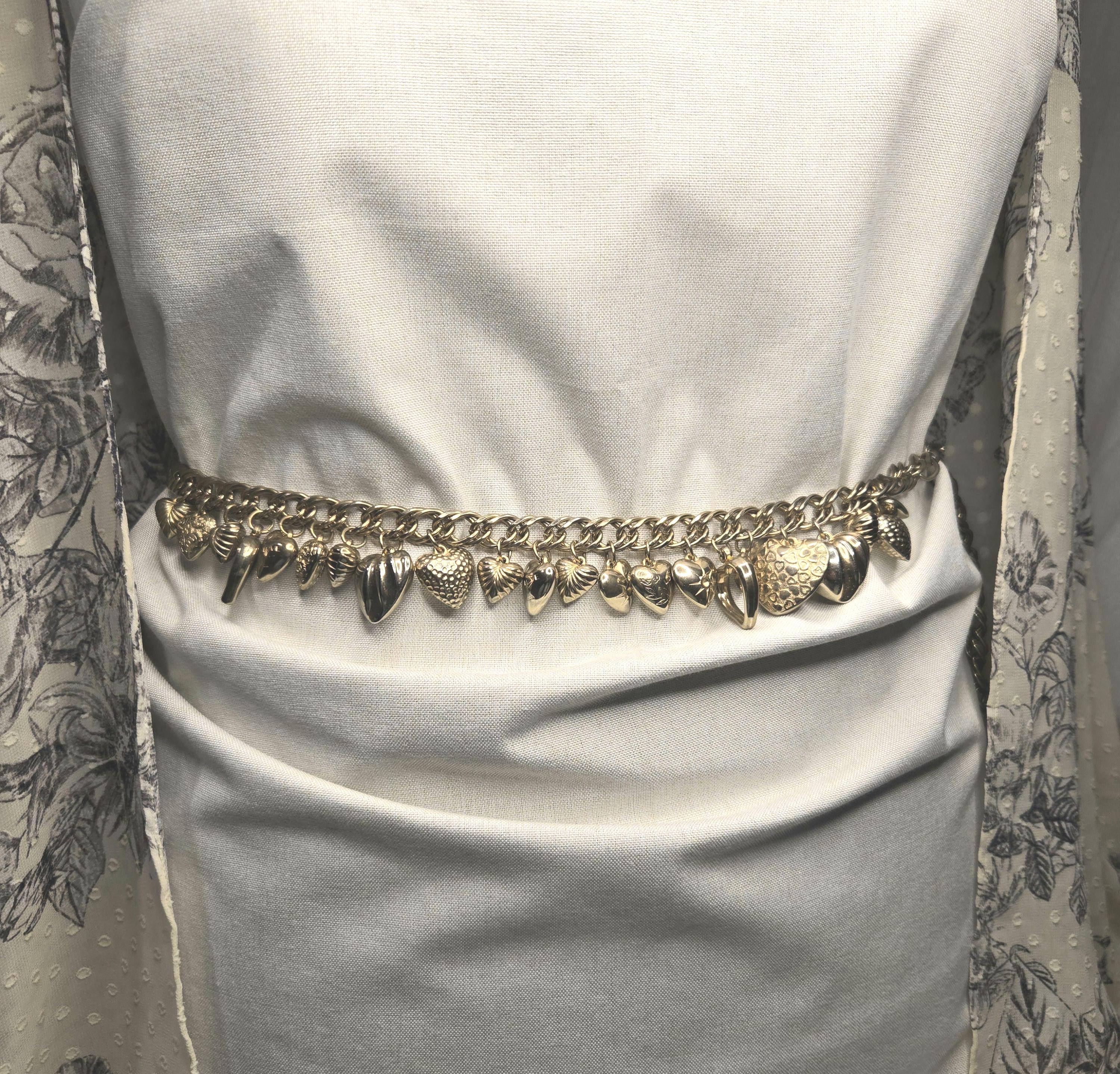 Vintage Gold Tone Puffy Heart Charm Chain Waist Belt vintage abstract swirly heart gold chain belt 90s – hong  main image 4