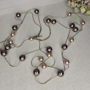 Vintage RMN Necklace Long Double Strand Silver Chain Pink Pearlescent Beads Used