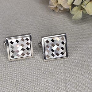 Vintage Sterling Silver Cufflinks Mother Of Pearl Checkered Inlay Mens Jewelry