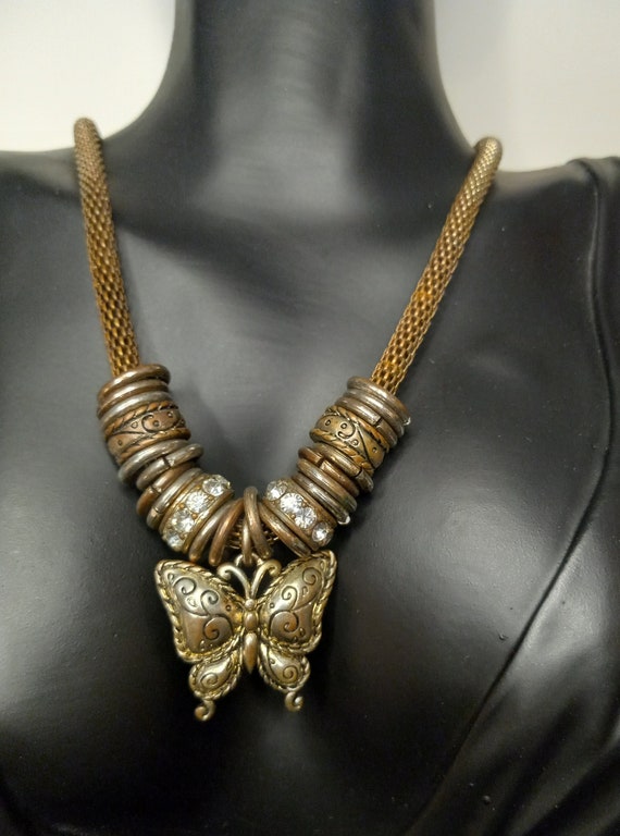 Vintage Butterfly Charm Necklace Brassy Mesh Chai… - image 1