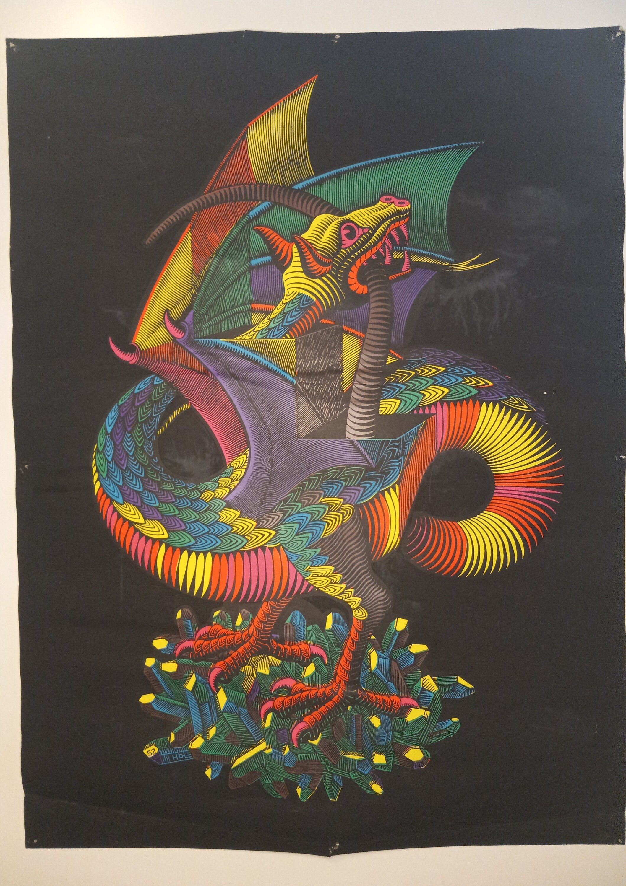 Vintage 1970s M.C. Escher Dragon Blacklight Poster – Original Psychedelic Headshop Art