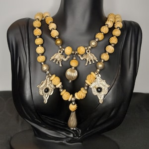 vintage bovine bone bead necklace Double Strand Metal Elephant Charms Used