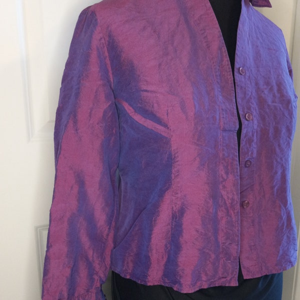 Vintage 100% Silk Blouse Purple Worthington Petite Large Long Sleeve Button Up