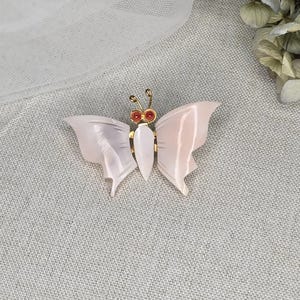 Vintage Butterfly Brooch Hand Carved Pink Shell Wings Gold-Tone Metal Red Eyes