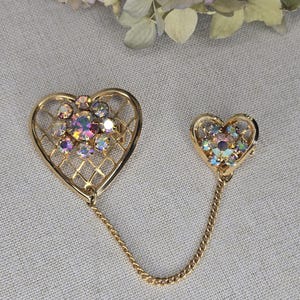 Vintage Heart Pins Chain Connector Aurora Borialis Rhinestone Gold-Tone Brooch
