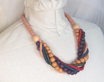Vintage Beaded Choker Necklace Unique multi strand colorful wooden beads rare statement jewelry