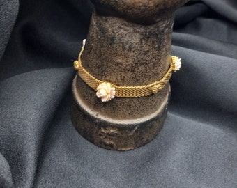 Vintage Goldette Mesh Bracelet Gold-Tone Faces & Pink Roses Nice Clasp Jewelry