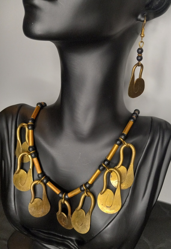 Vintage Brass Beaded Necklace Earring Set Unique U