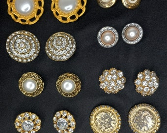 Vintage Button Lot 12 Pairs Of Classy Used Buttons Rhinestone Metal Faux Pearl