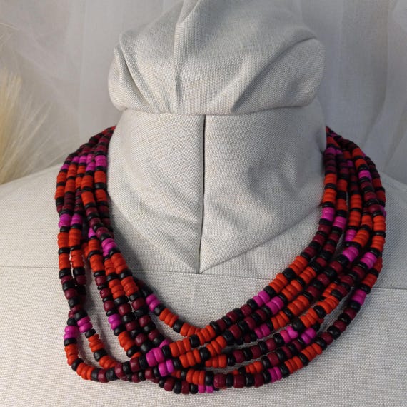 Vintage beaded choker necklace red black and purp… - image 1