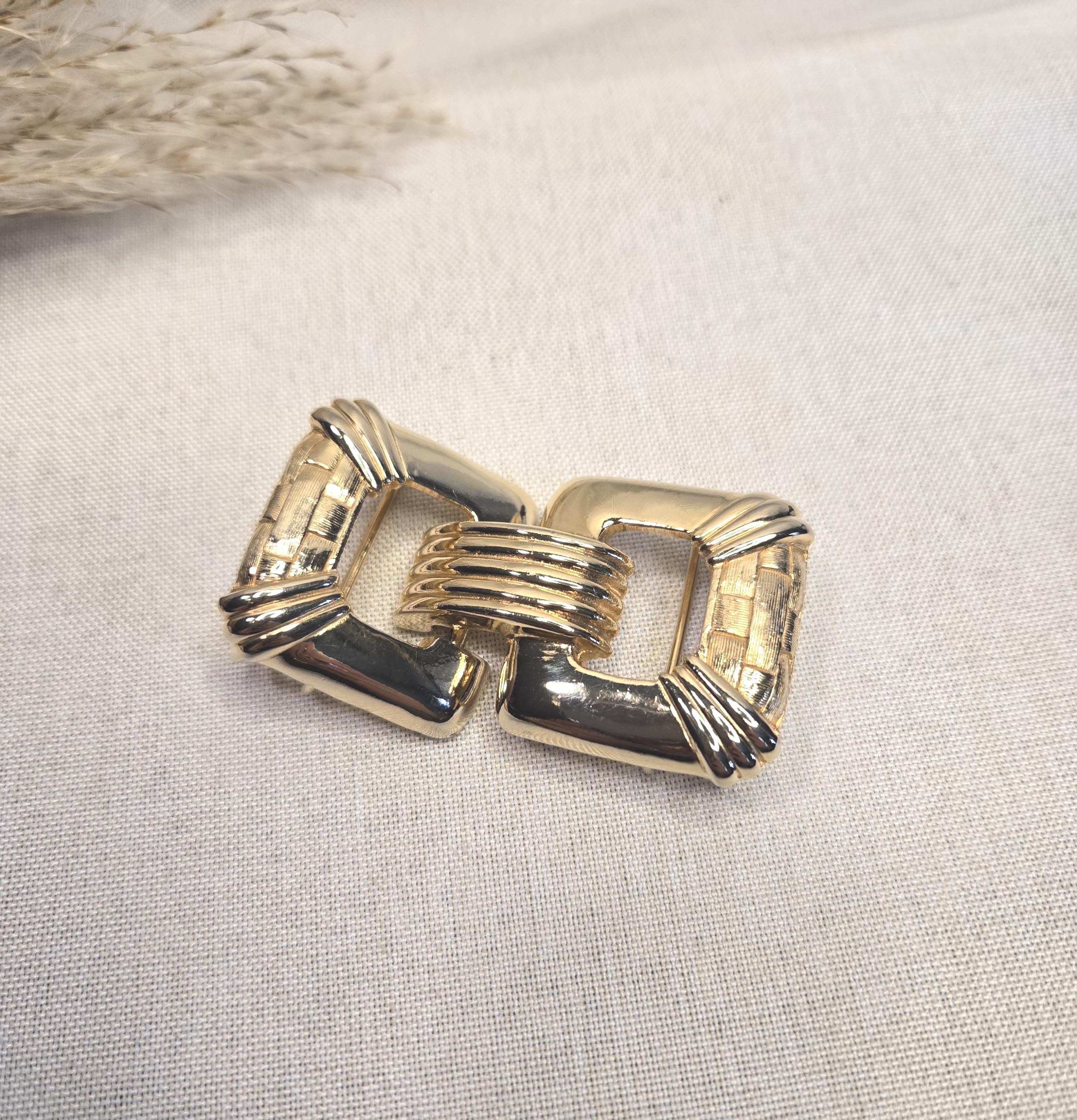 Vintage Gay Boyer 1984 2 Piece Greek Key Nugget Finish Gold Tone Belt Buckle New Gay Boyer Belt Buckle Gold Tone Metal Oversized Retro  main image 2