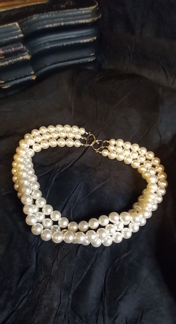 Vintage Faux Pearl Beaded Choker 3 Strand Necklace