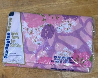 Vintage Burlington House Full Flat Sheet Petal Bouquet Pink Purple Floral NOS