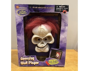 Gemmy Halloween Sneezing Wall Plaque Animatronic Skull Red Hair H20 Spray Tested
