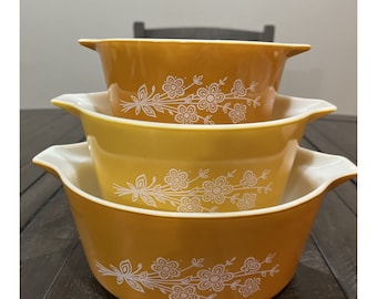 Vintage Pyrex Butterfly Gold Casserole Dish Set 475-B , 474-B, 473-B No Lids