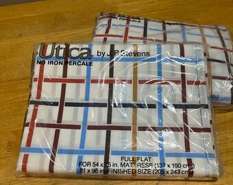 Vintage Utica J.P. Stevens Full Sheet Set Flat & Fitted No Iron Percale Plaid
