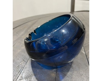 Vintage Mid Century Modern Viking Glass Orb Ashtray Cobalt