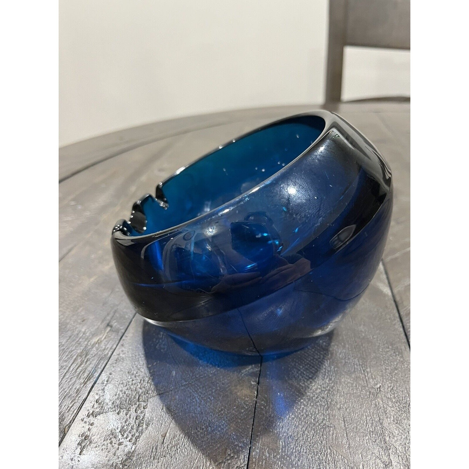 Vintage Mid Century Modern Viking Glass Orb Ashtray Cobalt
