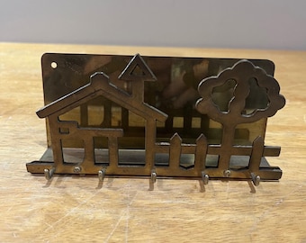 Vtg Brass House Picket Fence Key Rack & Letter Holder Wall Mount Cottagecore