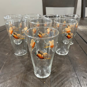 West Virginia Glass Pheasants Birds in Flight 5” High Ball Clear Bar Glass Set