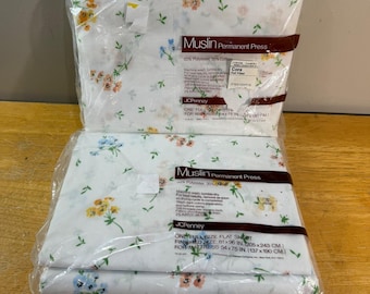 JCPenney Full Sheet Set Vtg Cora Floral White Orange Blue Muslin 2pc NOS