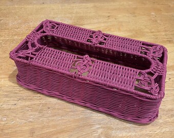 Vtg Mauve Woven Wicker Tissue Box Cover Rectangular Boho Cottagecore Pink Holder