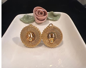 Vtg Gold Mesh Clip On Earrings Round Woven Donut Statement Retro 80s 90s Glam
