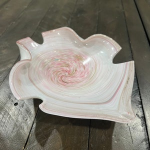 Vintage Murano Art Glass Pink  White Cased Swirl Quadrafoil Dish