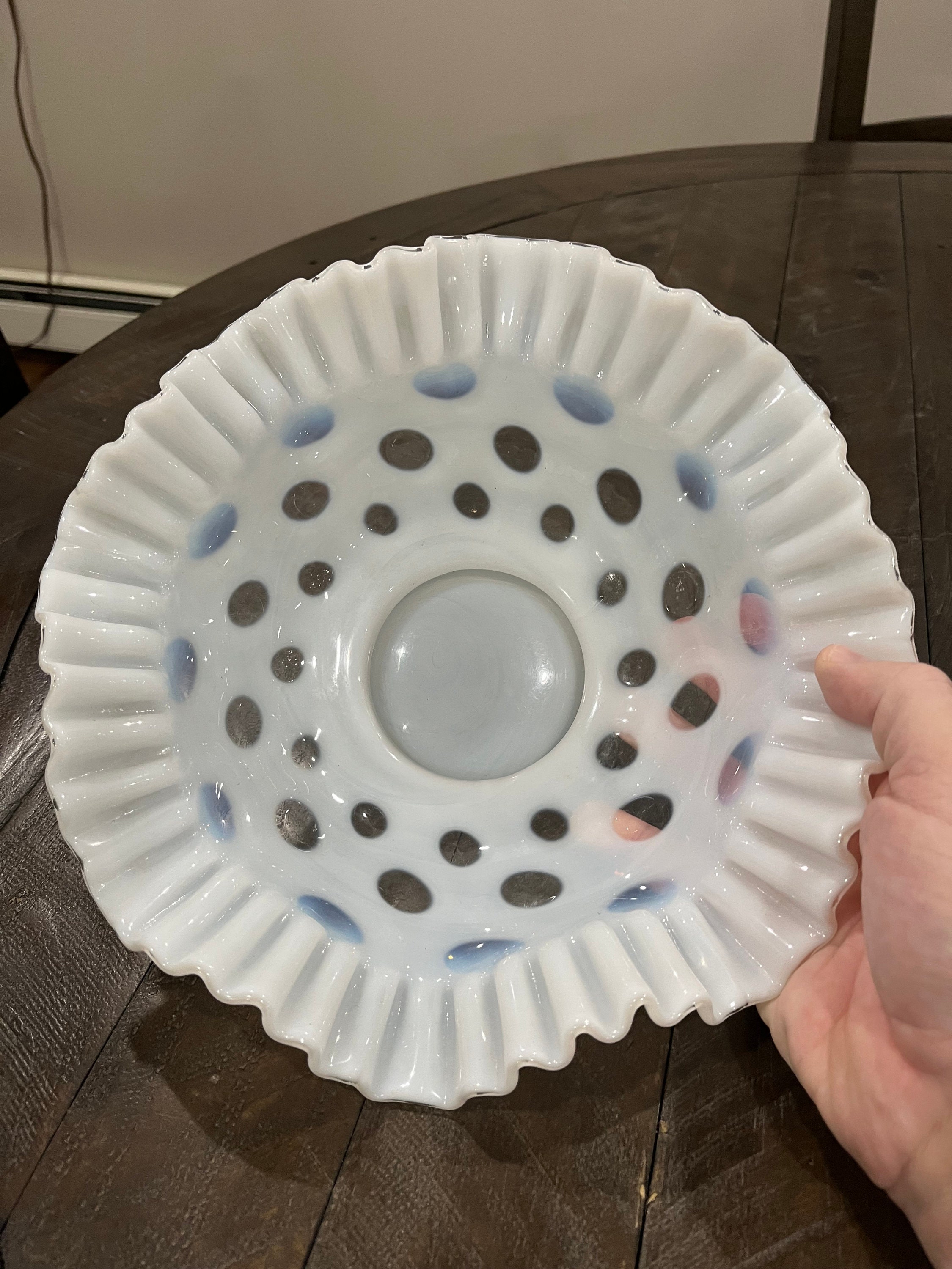 Vintage Fenton White Opalescent Coin Dot Crimped Ruffle Console