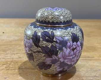 Vtg Chinese Cloisonne Ginger Jar Purple Floral Butterfly Chinoiserie Decor 4.25"