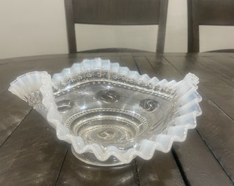 EAPG Jefferson Glass Co. "Astro" White Opalescent 8” Crimped Ruffled Bowl c.1904