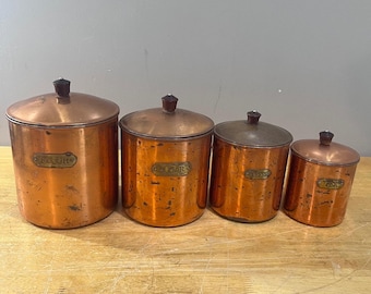 Vtg Revere Ware Copper 4 Nesting Kitchen Canisters MCM Farmhouse Flour Tea