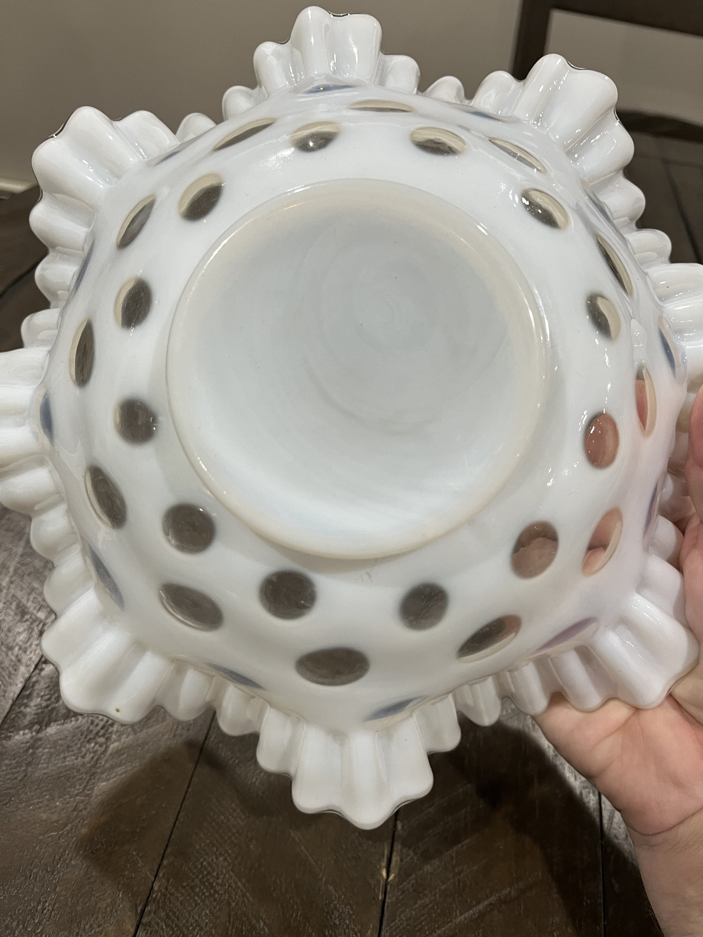 Vintage Fenton White Opalescent Coin Dot Crimped Ruffle Console