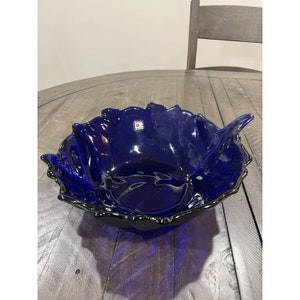 Blenko Large Glass Cabbage Leaf Bowl 12in Dark Blue Cobalt Molded